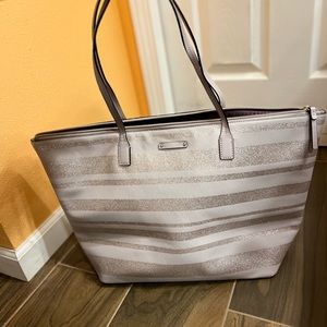Kate spade Haven Lane hand Glitter stripe taupe gold Shoulder tote Bag.